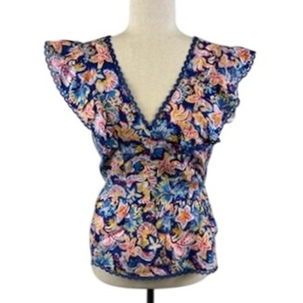 NWT Nanette Lepore Floral Ruffle Sleeve Blouse Top Blue Size Medium
